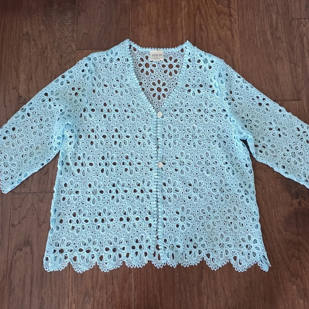 Blue Crochet Cardigan Lace  Women's Size P Large Aqua Blue Cottagecore Coquette - Picture 3 of 4